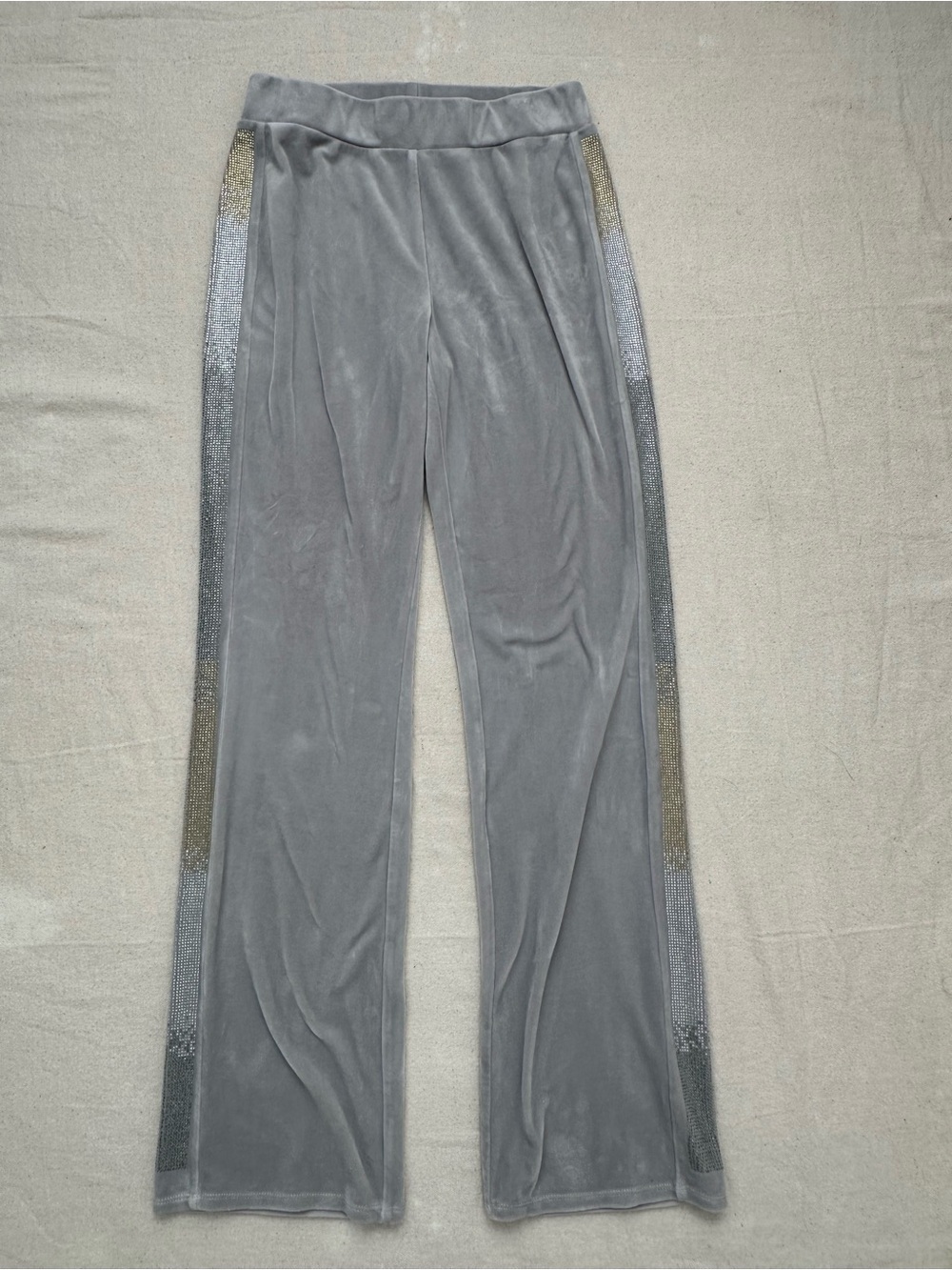 Juicy Couture 25th Anniversary Silver Ice Velvet Rhinestone Track Pants Flare XS